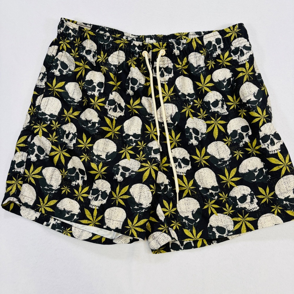 Ring of Fire Mens L Skull Leaf Print Swim Trunks Shorts Black Goth Punk